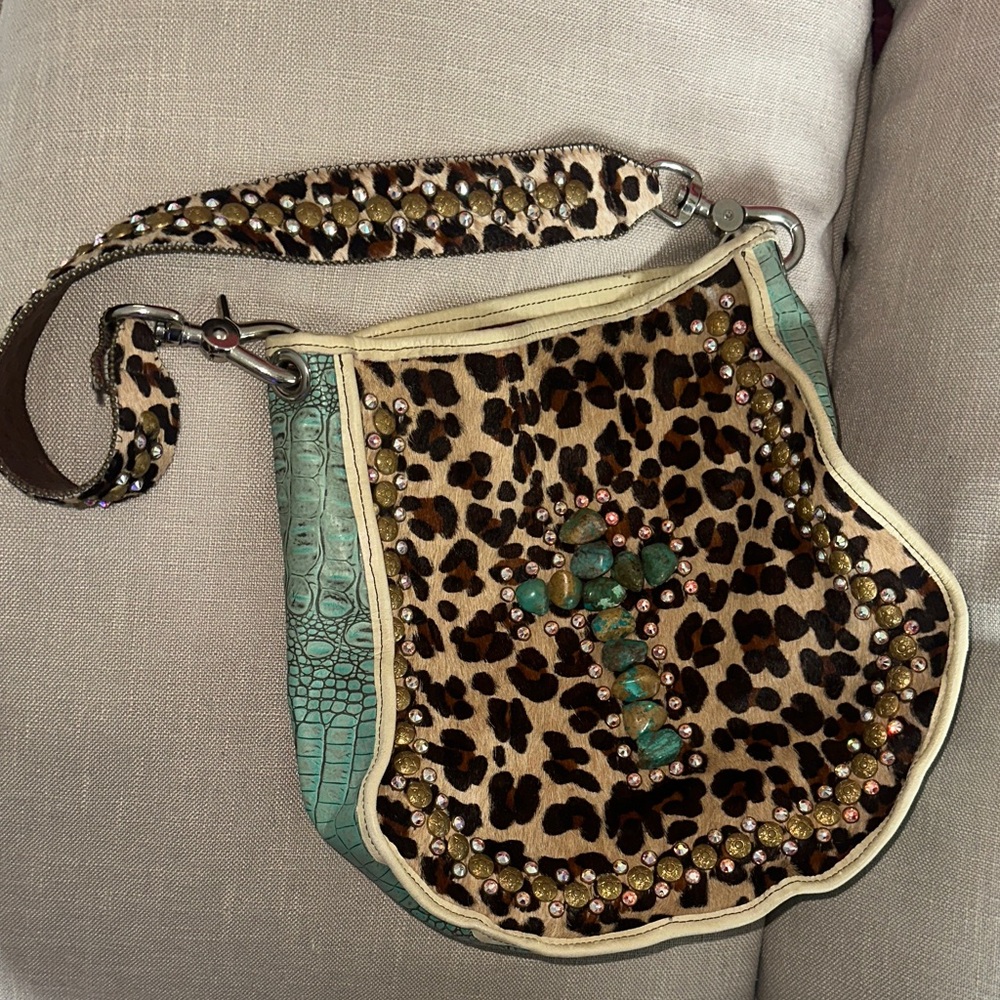 Leopard Print on Cowhide Shoulder Bag with Genuine Turquoise Cross & Rhinestones